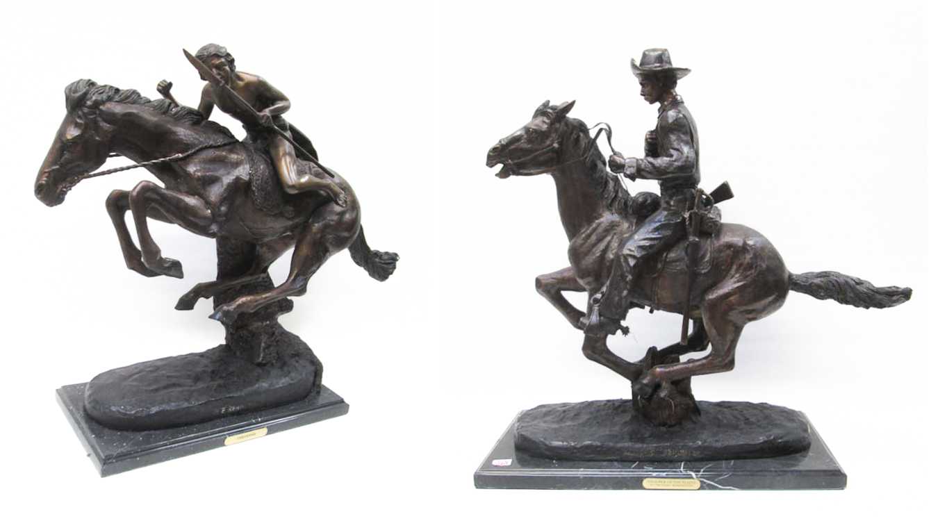 Appraisal: TWO WESTERN BRONZE HORSE AND RIDER SCULPTURES after the work