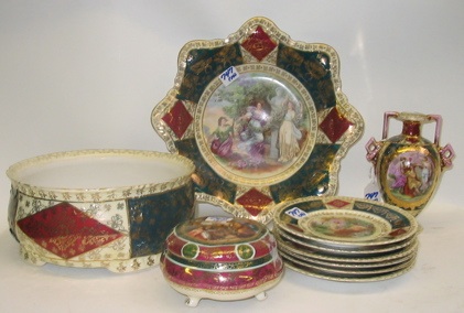 Appraisal: TEN PIECES ROYAL VIENNA PORCELAIN hexagonal serving bowl with women