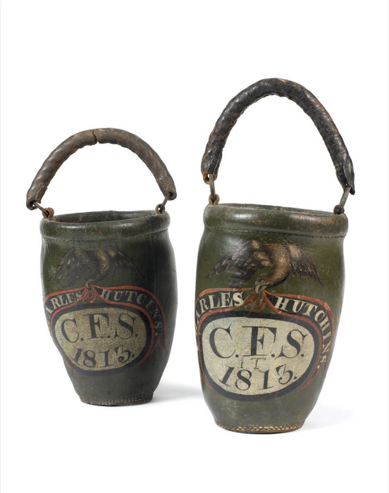 Appraisal: PAIR OF LEATHER FIRE BUCKETS CHARLES HUTCHENS C F S