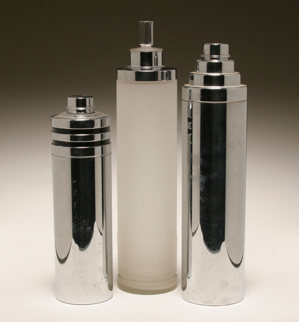 Appraisal: Three Art Deco chrome plated skyscraper cocktail shakers by Owens