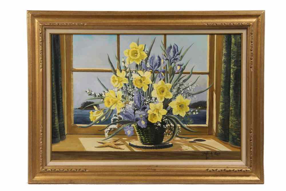 Appraisal: OOB - Depicting yellow jonquils blue lilies in basket on