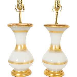 Appraisal: A Pair of Gilt Decorated Opaline Glass Lamps with Giltwood