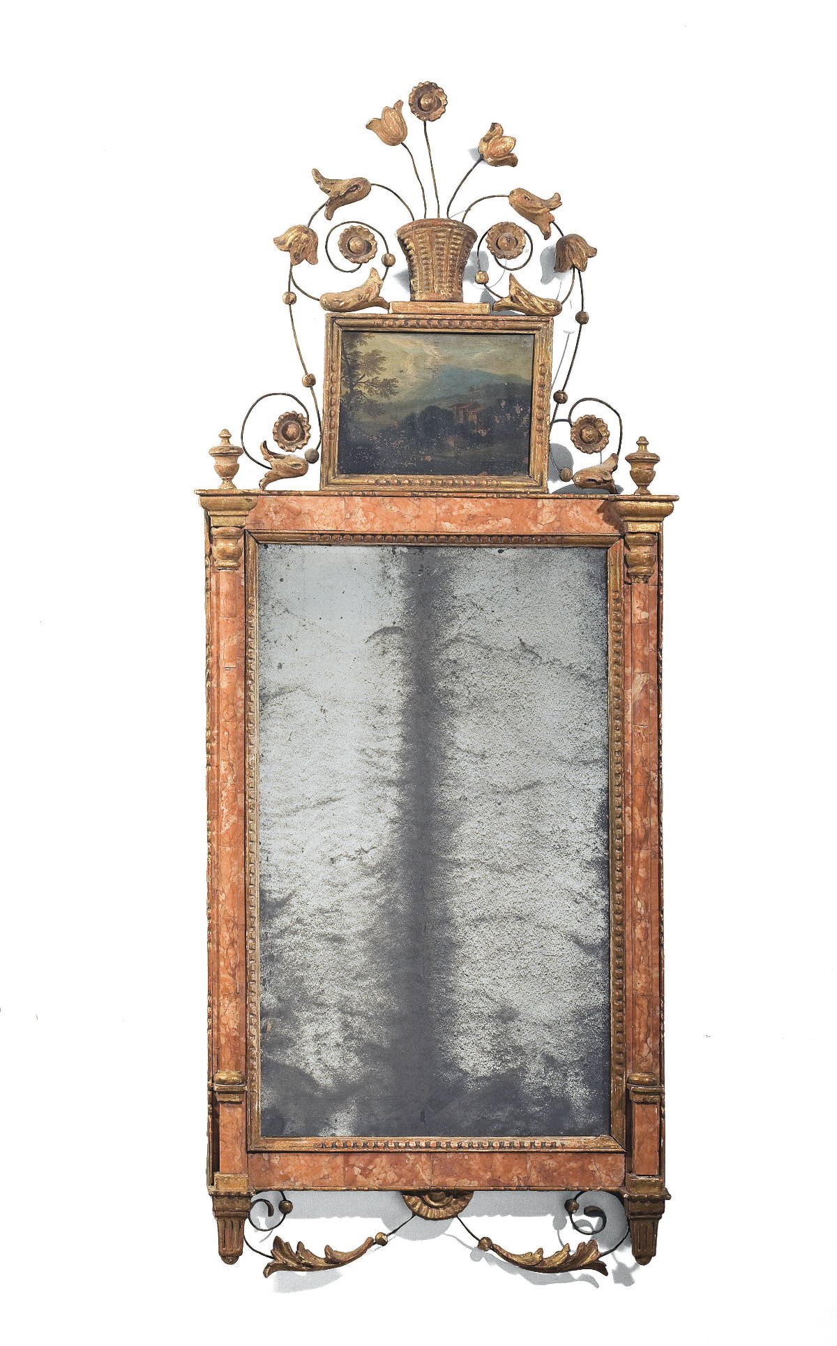 Appraisal: PAIR OF ANGLO-SPANISH BILBAO NEOCLASSICAL CARVED GILTWOOD AND MARBLE-FRAMED MIRRORS