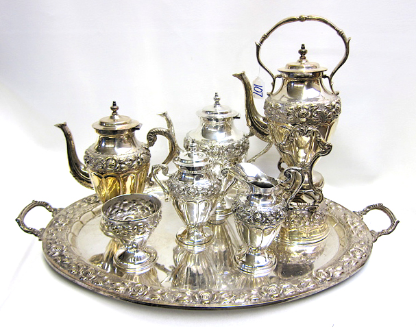 Appraisal: MEXICO SILVER PLATE COFFEE TEA SERVICE PLUS TRAY seven piece