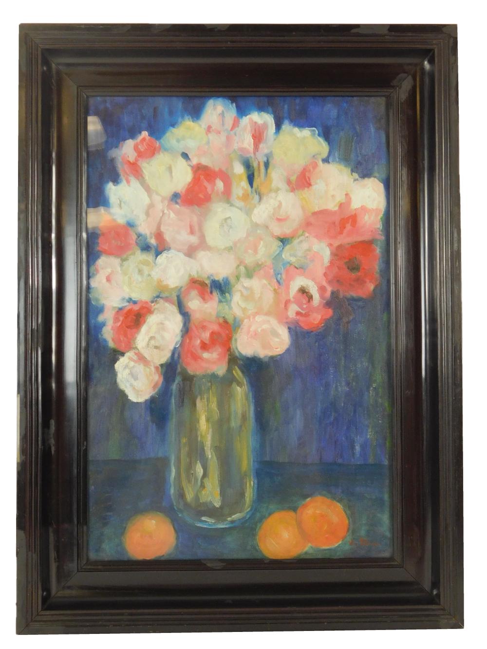 Appraisal: Modern floral still life oil on canvas depicts pink and