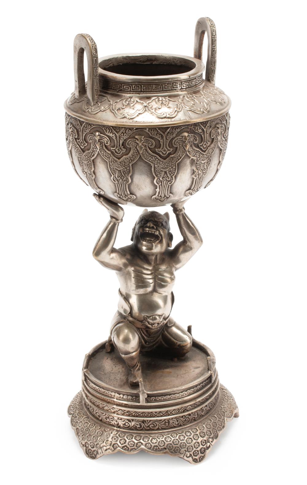 Appraisal: Chinese Silvered Metal Figural Censer modeled as a lokapala kneeling