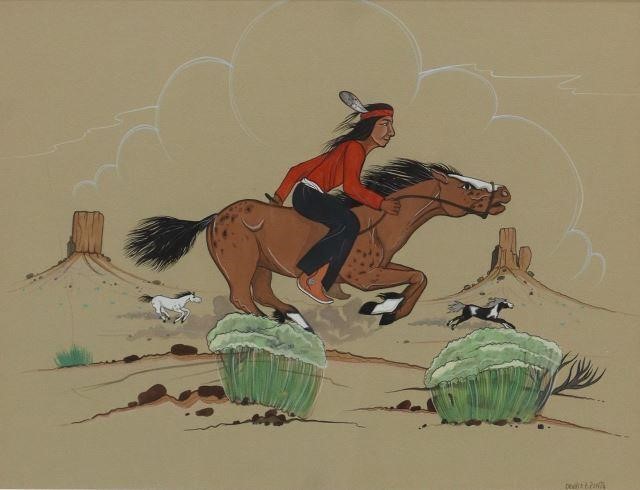 Appraisal: Framed tempera painting on paper Native American Man on Horseback