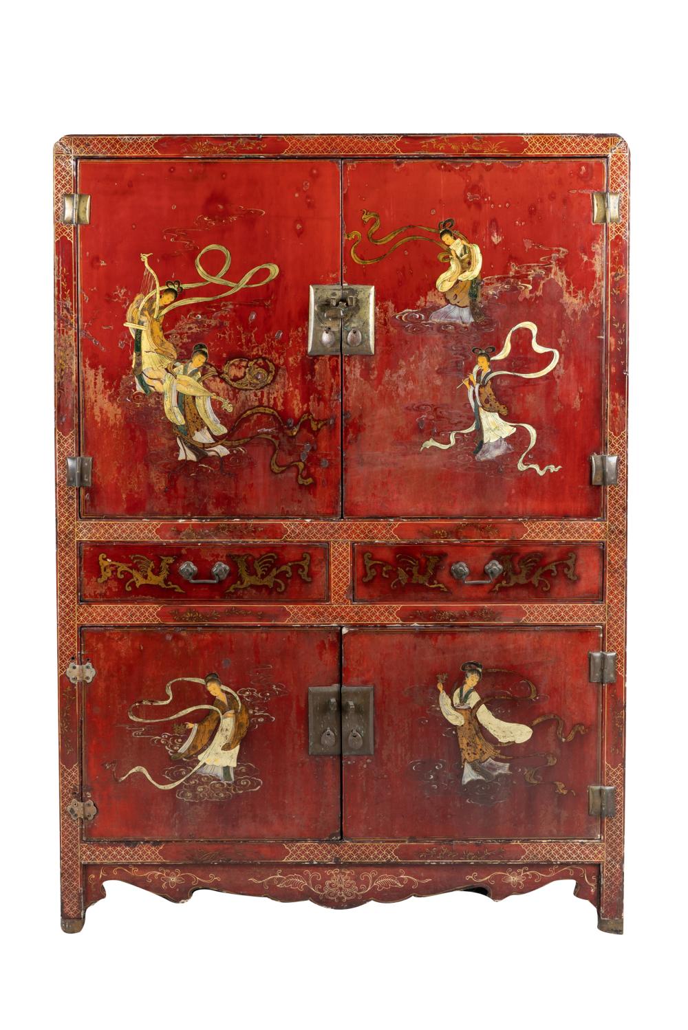 Appraisal: CHINESE RED LACQUER CABINETwith a pair of hinged doors over