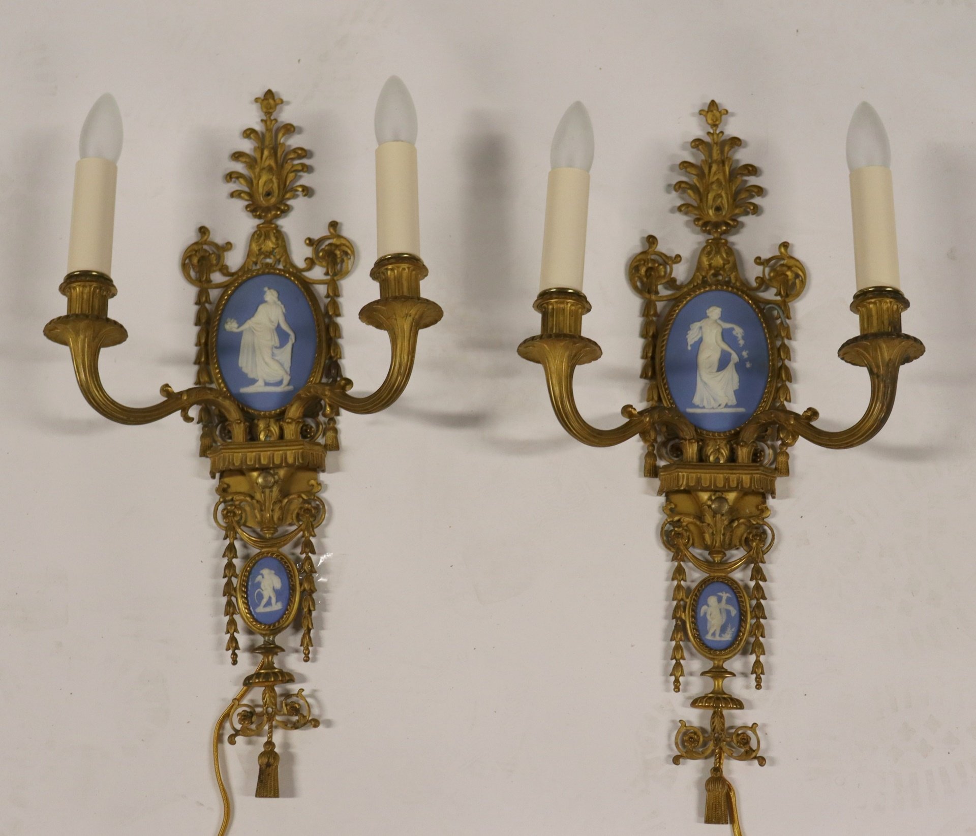 Appraisal: E F Caldwell NY Bronze Wedgwood Sconces A nice and