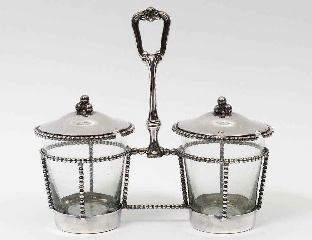 Appraisal: CAMUSO STERLING SILVER CONDIMENT STAND Italian Supporting two glass jars