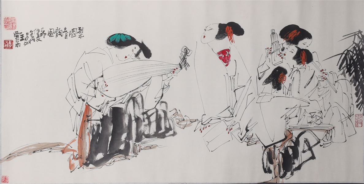 Appraisal: Chinese ink and color on paper painting of female musicians