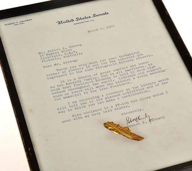 Appraisal: LETTER FROM ROBERT F KENNEDY AND GOLD PLATED TIE CLASP