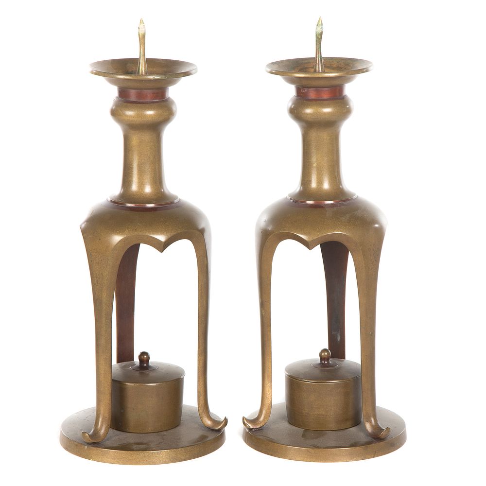 Appraisal: Pair Oriental Bronze Pricket Temple Candlesticks th century tri form