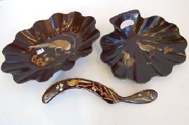 Appraisal: TWO MEIJI JAPANESE LACQUERWARE CRUMB DISHES AND ONE BRUSH