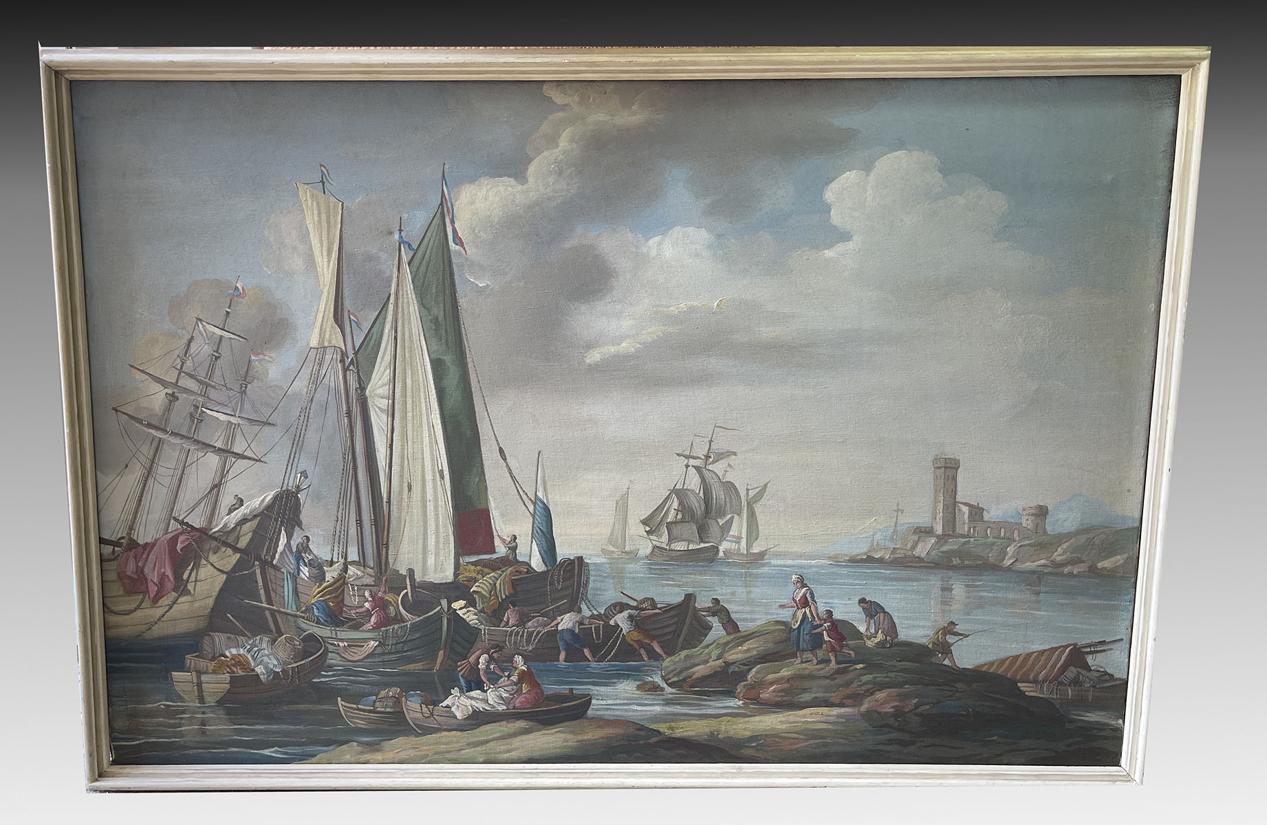 Appraisal: th CENTURY STYLE PAINTING OF A BUSY SHORELINE SCENE Scene