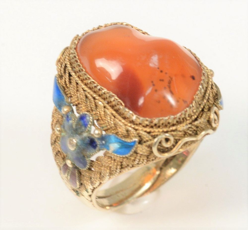 Appraisal: Silver Gilt Filigree Ring set with freeform cornelian and having