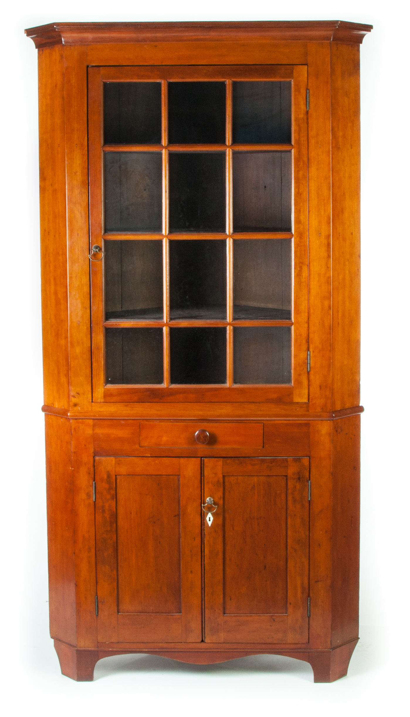 Appraisal: AMERICAN CORNER CUPBOARD Mid th century cherry with poplar secondary