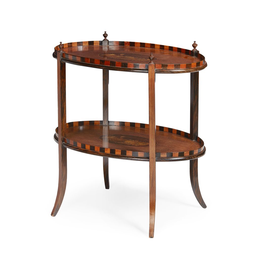 Appraisal: VICTORIAN ROSEWOOD EBONY AND MARQUETRY TWO TIER OCCASIONAL TABLE TH