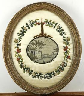 Appraisal: Framed oval needlework Framed oval needlework decorated with a floral