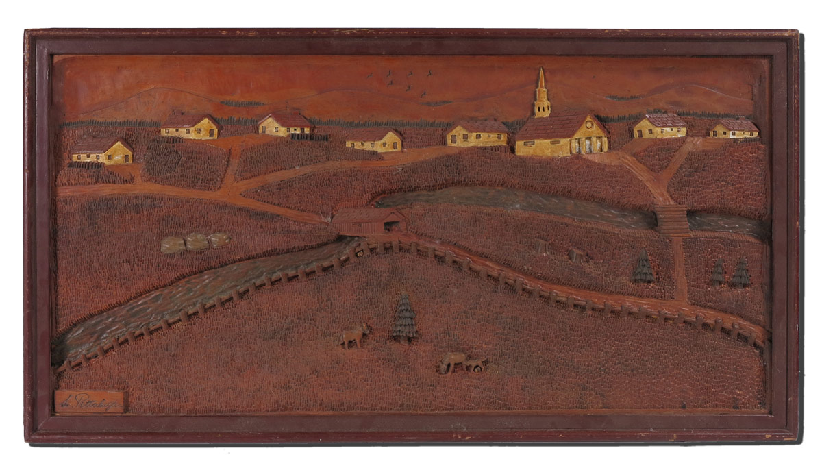 Appraisal: FOLK ART CARVED PANEL SIGNED PITTALUGA Carved and painted scene