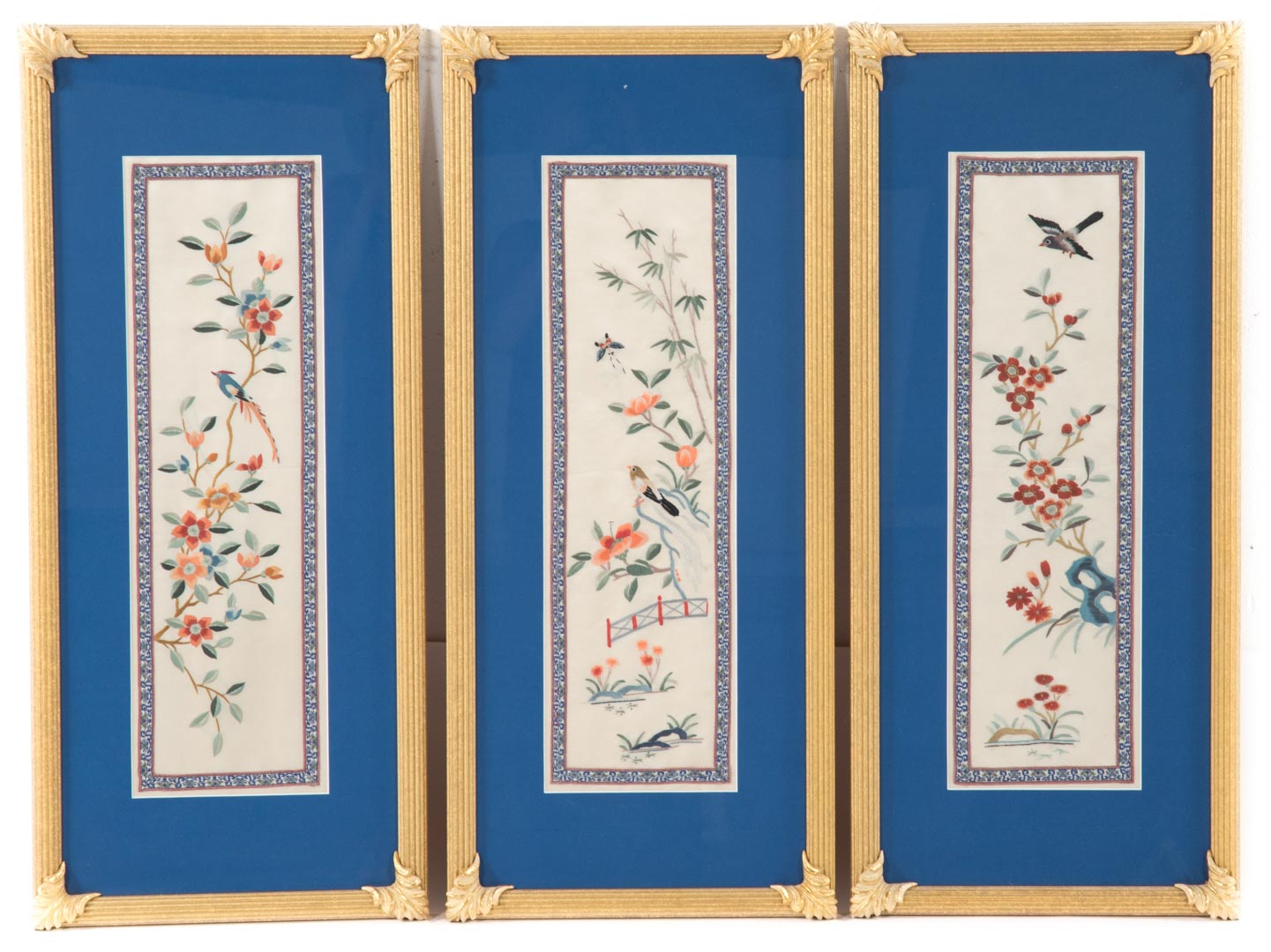 Appraisal: Three Chinese silk panels th century each depicting birds and