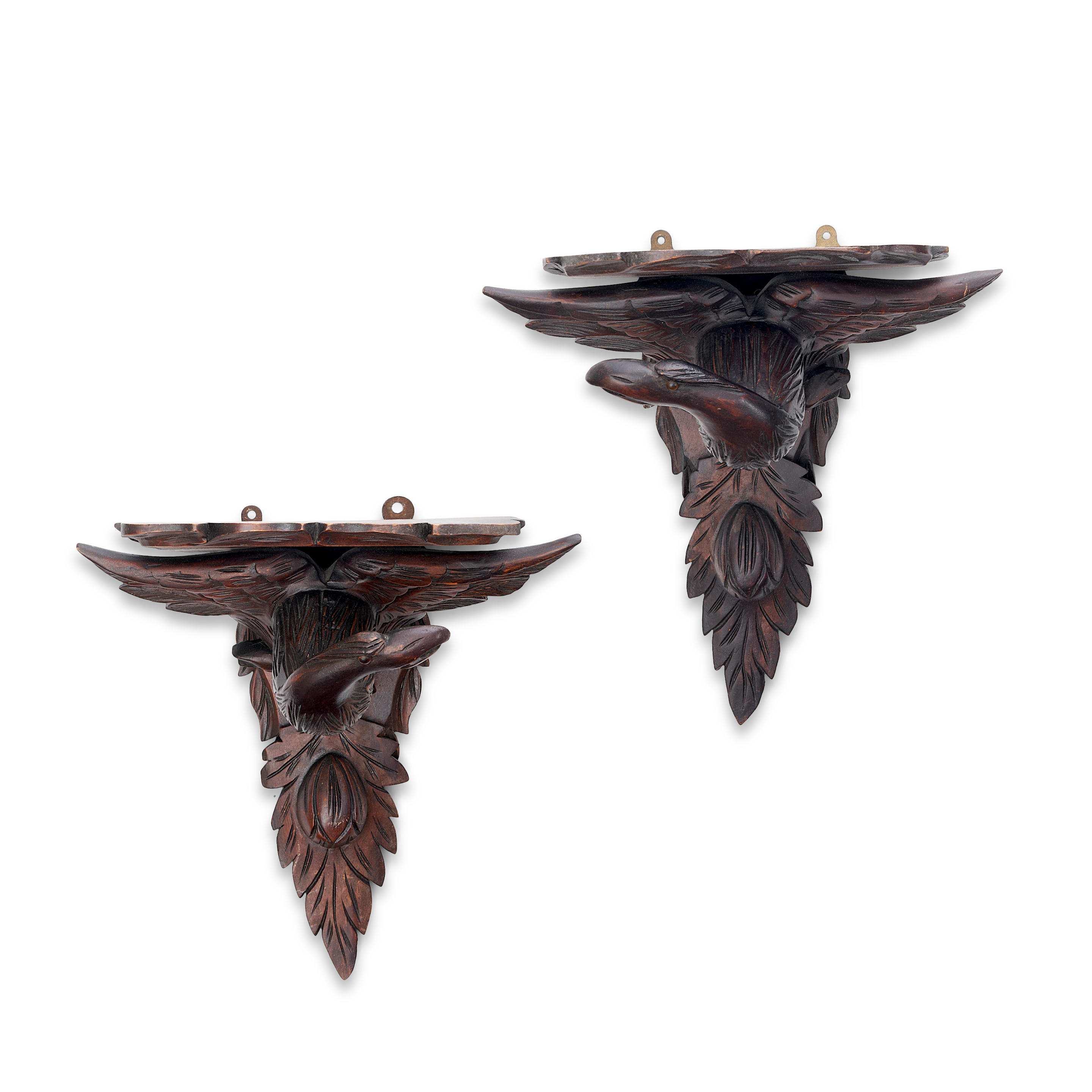 Appraisal: PAIR OF VICTORIAN CARVED EAGLE WALNUT WALL BRACKETS ht wd