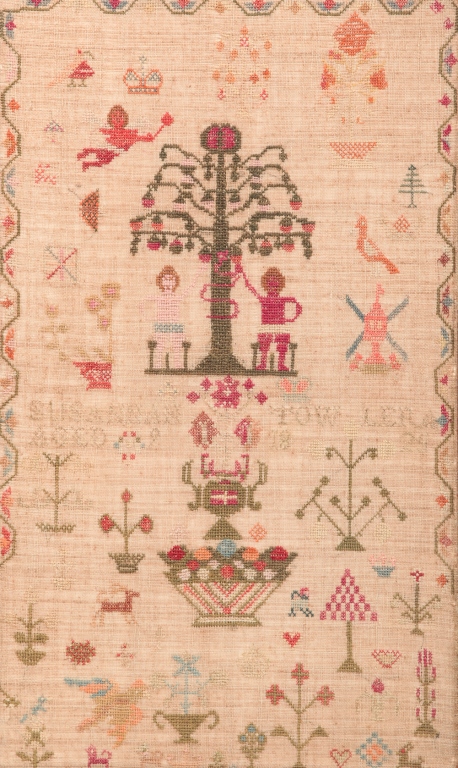 Appraisal: SAMPLER Probably English cotton on linen Large sampler in colorful