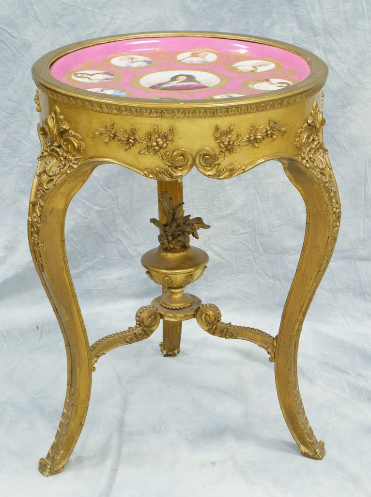 Appraisal: Round gold leaf Louis XIV style French table with porcelain