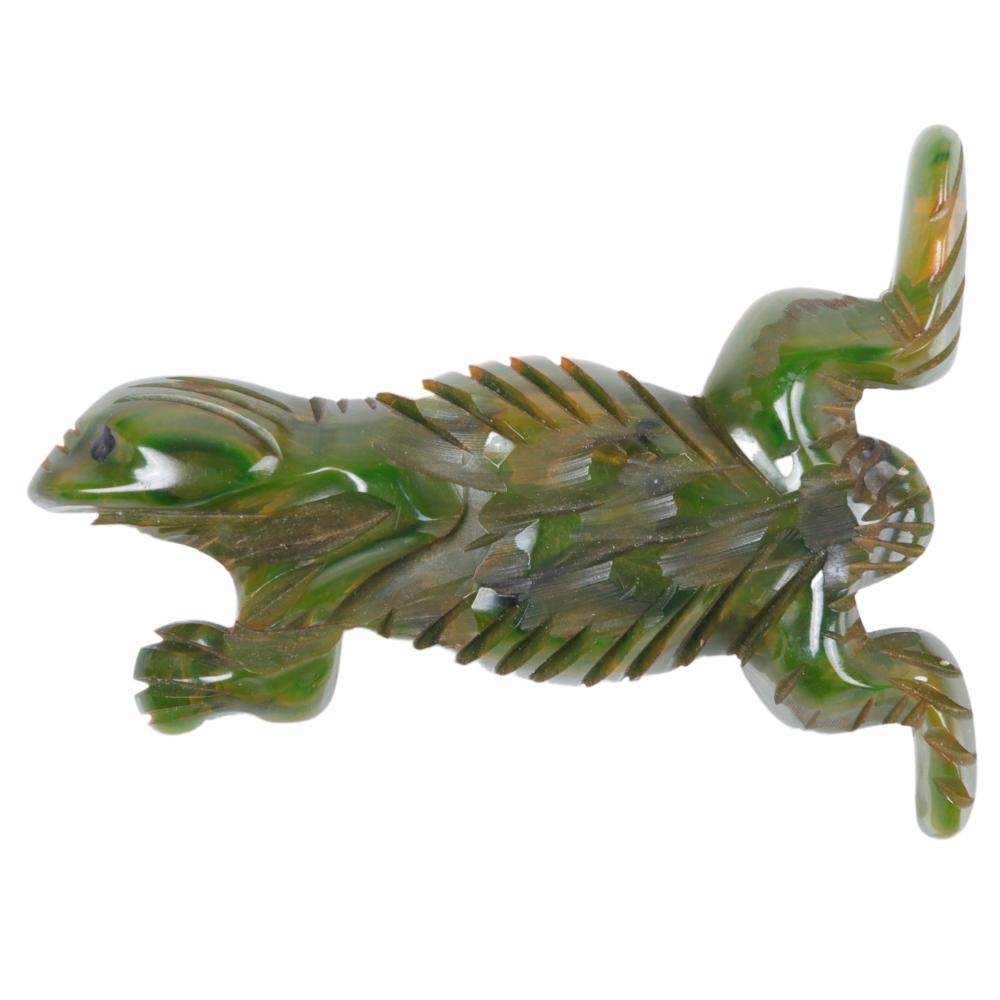 Appraisal: MARBLED GREEN BAKELITE CARVED JUMPING FROG PIN H X WMarbled