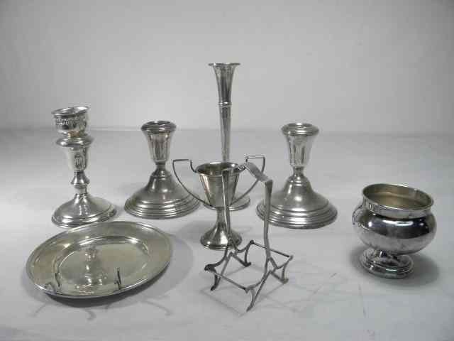 Appraisal: Assorted sterling silver items Includes candlesticks a flute vase a