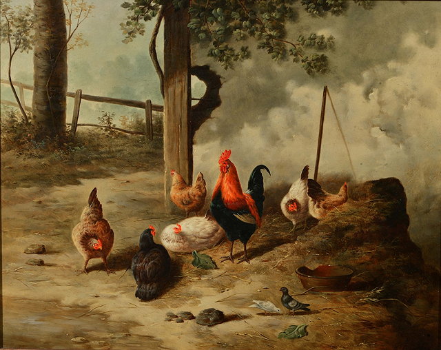 Appraisal: Manner of E JEANMAIREA cockerel chickens and two pigeons outside