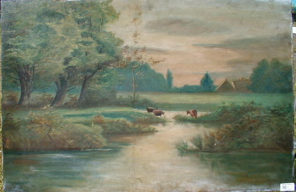 Appraisal: A landscape oil on canvas with cows watering