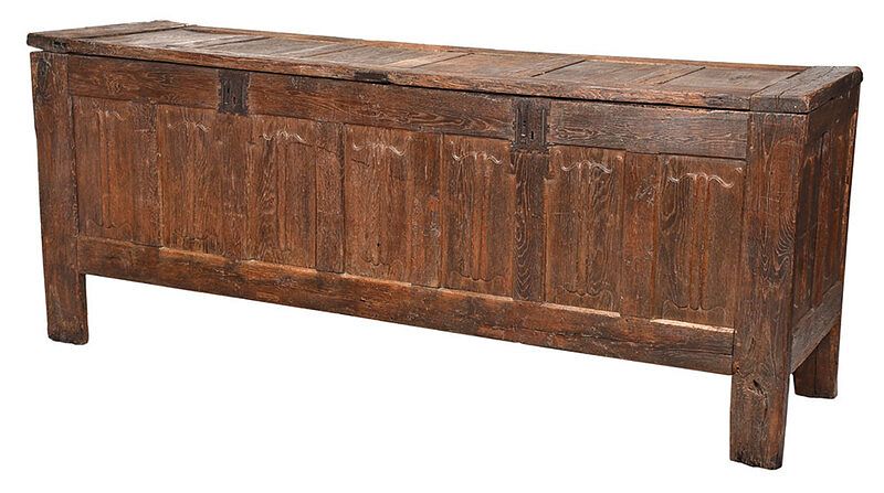 Appraisal: Monumental Gothic Oak Linenfold Paneled Coffer French th century truly