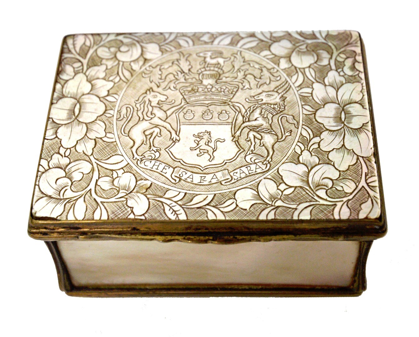 Appraisal: A mother of pearl and metal mounted patch box early