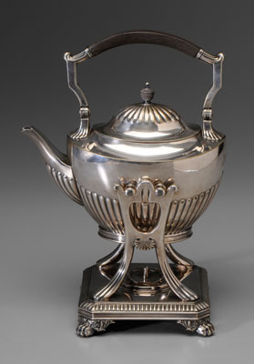 Appraisal: Tiffany Silver-Plated Hot Water Kettle American stop-reed body wooden handle