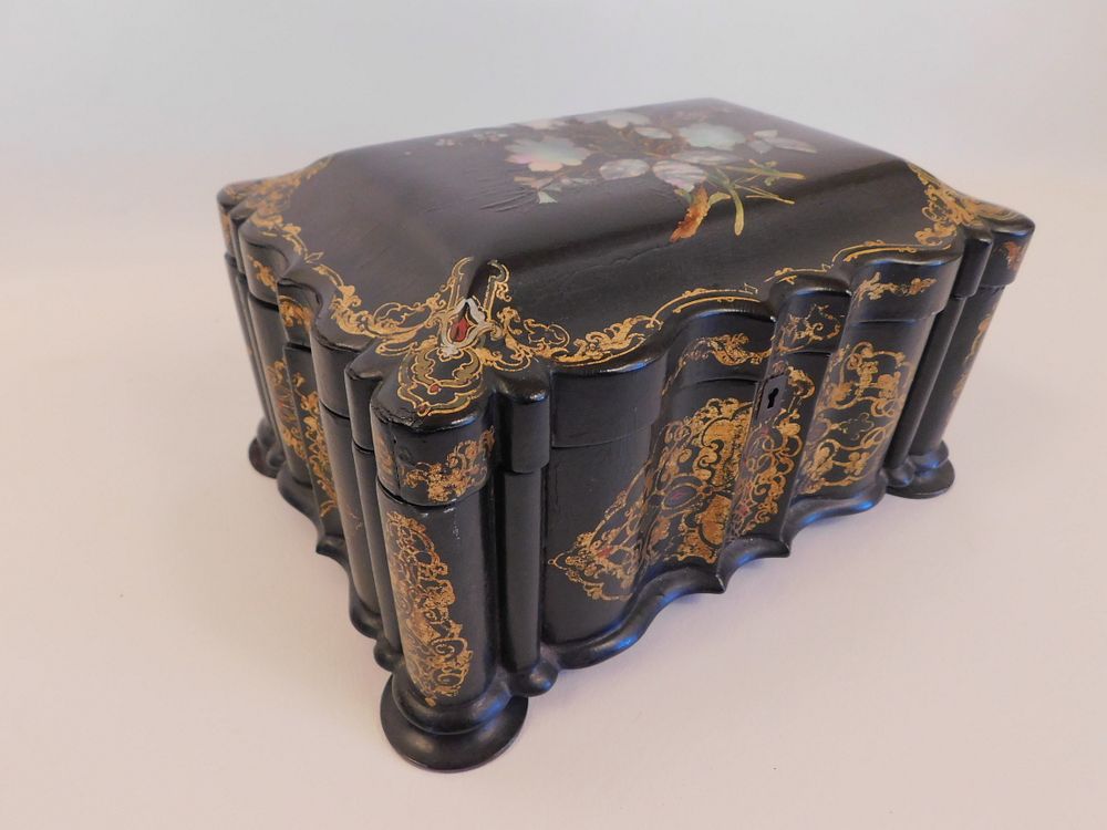 Appraisal: ANTIQUE PAPER MACHIER BOX Circa abalone inlaid and gilt paper