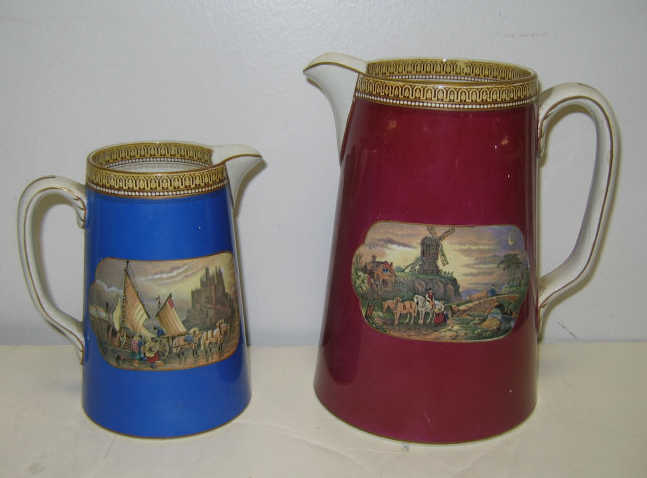 Appraisal: TWO FENTON PRATTWARE SCENIC JUGS Each tapered cylindrical with two