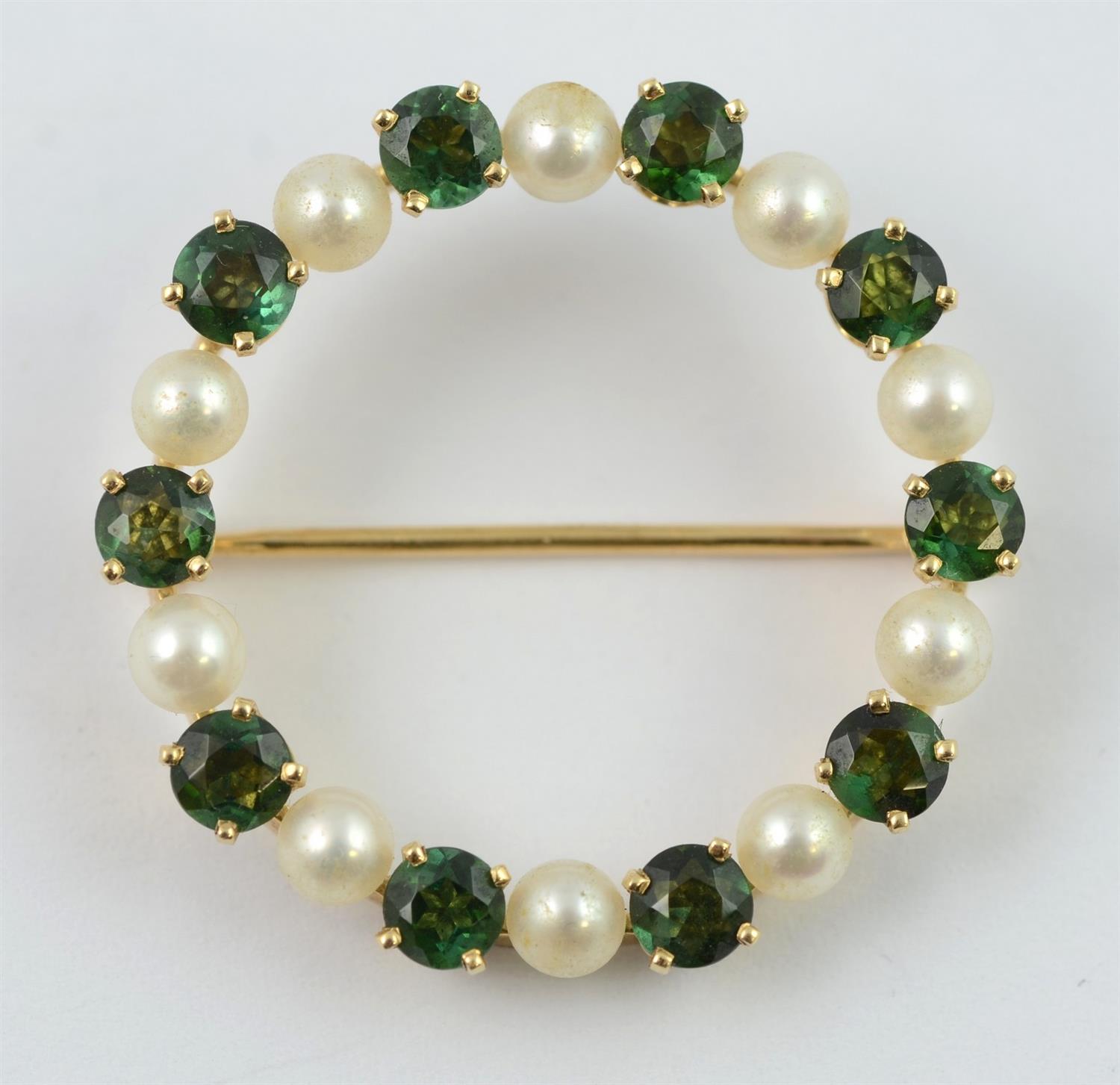 Appraisal: K Yellow gold pearl tourmaline circle brooch - diameter dwt