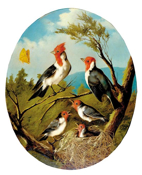 Appraisal: Michelangelo Meucci Italian - RED-HEADED WOODPECKERS GUARDING NEST oil on