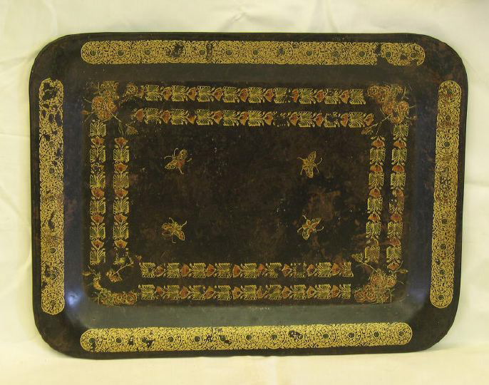 Appraisal: French Black and Gold Tole-Peinte Tray in the Louis-Philippe style