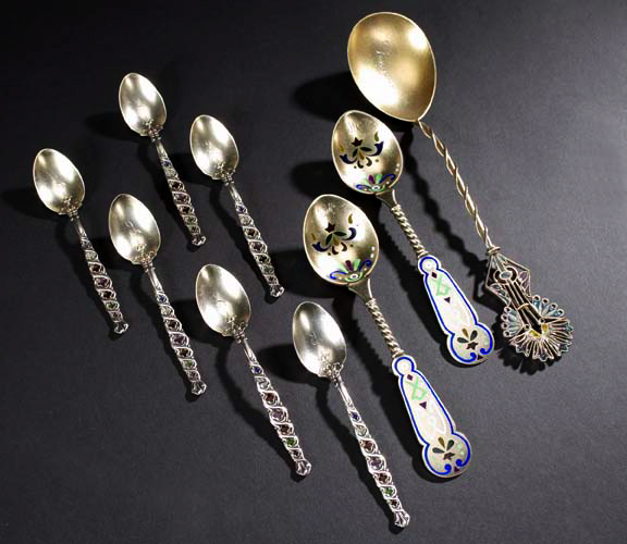 Appraisal: Collection of Nine Early th-Century Silver Gilt Plique-a-Jour Spoons including