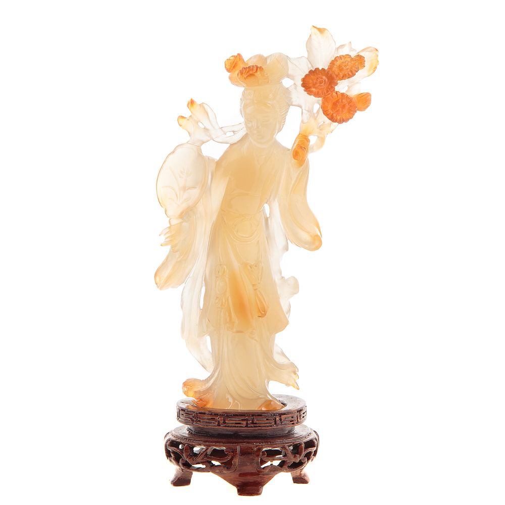 Appraisal: Chinese Carved Chalcedony Quan yin in H with carved wood