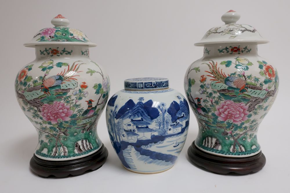 Appraisal: Three Chinese Lidded Jars th C Blue and white depicting