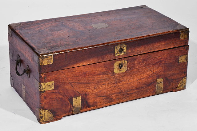 Appraisal: th Century hardwood campaign boxwith brass binding locks and ring