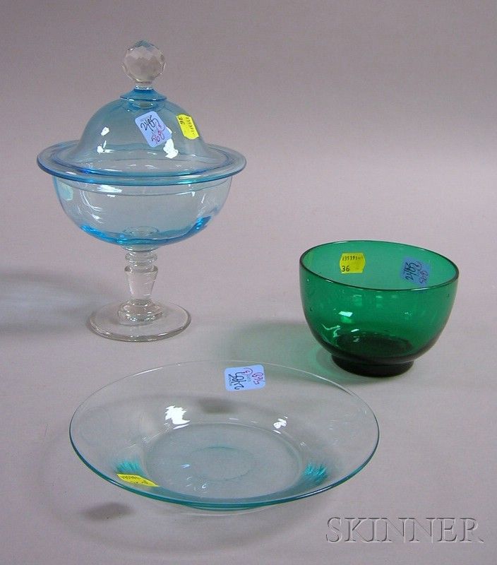 Appraisal: Three Pieces of Colored Blown Glass a green bowl turquoise