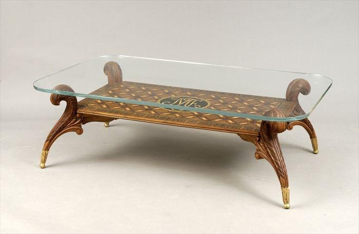 Appraisal: Faux Parquetry and Carved Wood Low Table with Glass Top