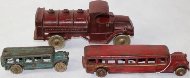 Appraisal: LOT OF THREE CAST IRON TOYS TO INCLUDE TWOBUSES AND