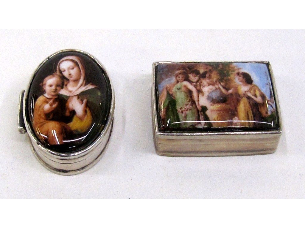 Appraisal: Lot comprising two silver and enamel portrait pill boxes