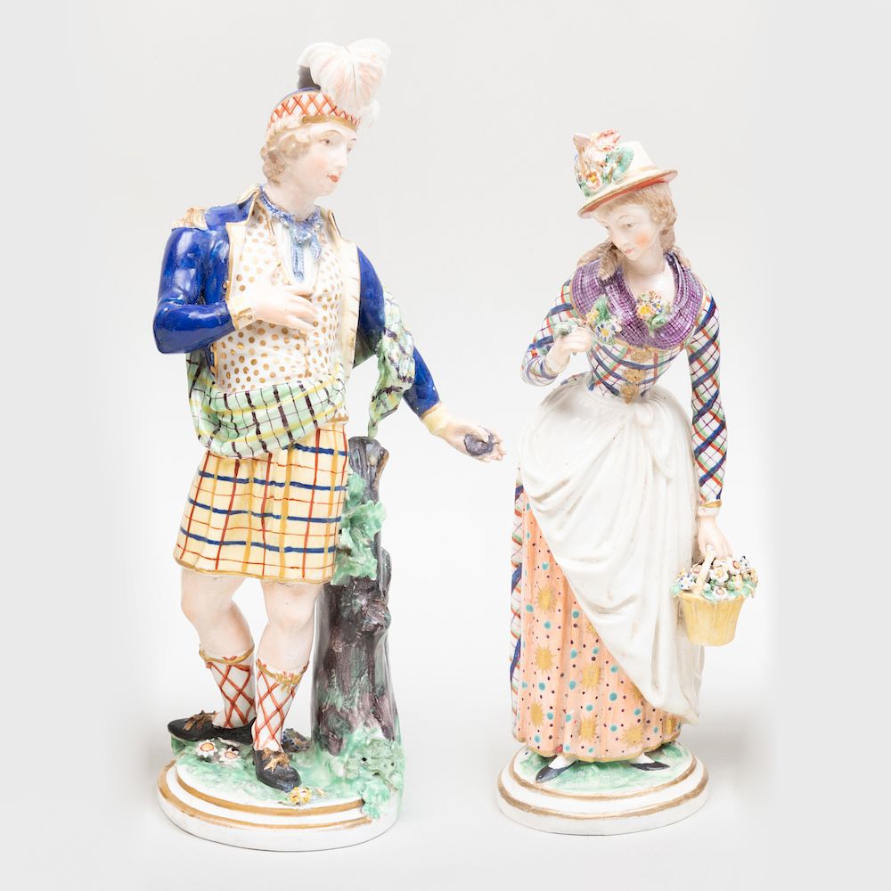 Appraisal: Pair of Derby Porcelain Figures of Scotsman Companion Possibly modeled