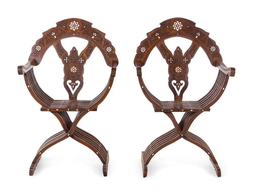 Appraisal: A Pair of Syrian Mother-of-Pearl Inlaid Walnut Savonarola Chairs A